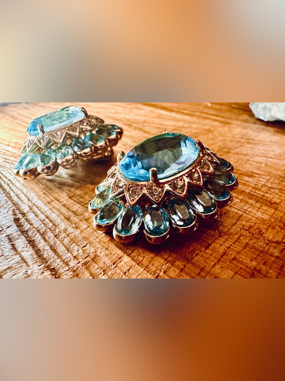 Vintage PANETTA Aqua Blue Rhinestone Clip-On Earrings c. 1960sโ1980s Signed